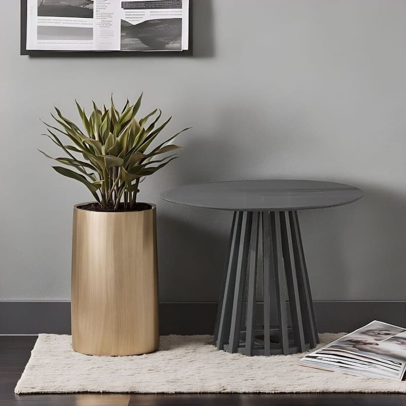 Black 31" Round Coffee Table Modern Mid-Century Wood Slatted Base - 19x20