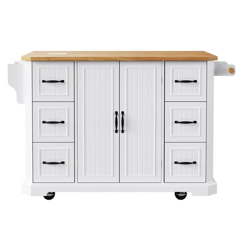 55.5'' Rubber Wood Kitchen Island with Power Outlet, Drop Leaf, Rolling Wheels and 6 Deep Drawers - 55.5'' x 29.75'' x 36''