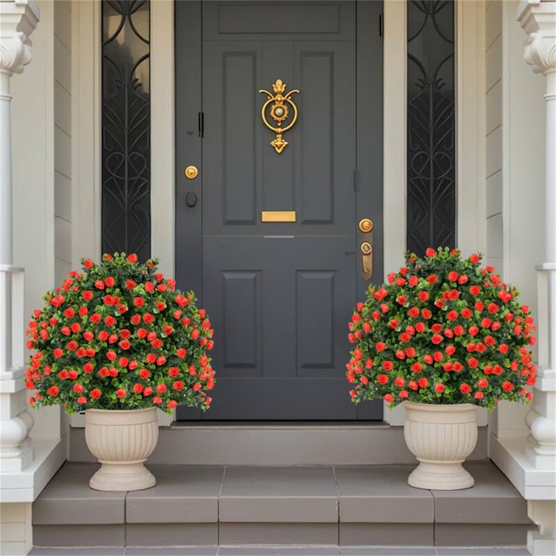 Set of 2 Artificial Ball-Shaped Rose Topiary Trees 21.5 Inch Green Red Black Faux Plants with Cement Pots Indoor Outdoor - 21.5"