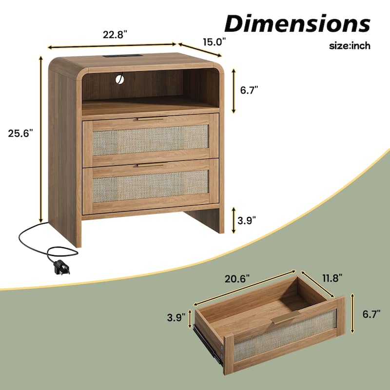 Rattan Nightstand with Charging Station Set of 2, 2 Drawers & Open Shelf, 22.8"Wide Curved Wooden Bedside Table