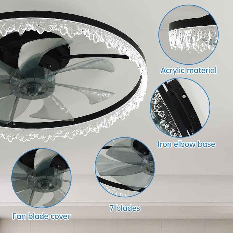 Anmytek Luxury Crystal Flush Mount LED Ceiling Fan with Lights Invisible Blades Remote