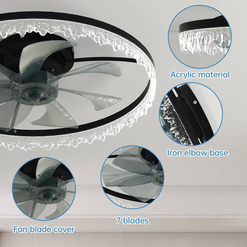 LunaDrift 16"20"24" Modern Black Crystal Smart Flush Mount Ceiling Fan with Light, Dimmable Bedroom Ceiling Fan w/Remote