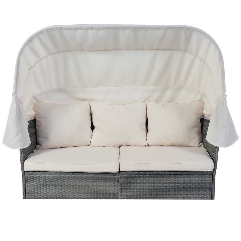 6-Pieces Outdoor Patio Rattan Round Daybed Sunbed Set with Retractable Canopy and Lift Table