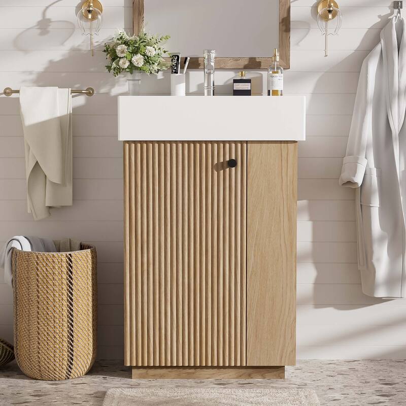 21.6" Bathroom Vanity With Ceramic Sink, Freestanding Modern Left Door Wood Grain Cabinet With Open And Closed Storage - Wood