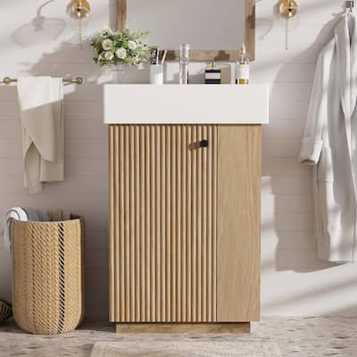 21.6 Inch Bathroom Vanity Ceramic Sink Freestanding Left Door Wood Grain Small Bathrooms