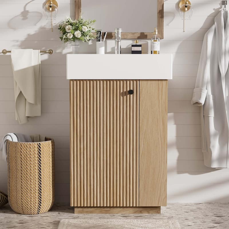 22" Bathroom Vanity with Ceramic Sink - Freestanding Modern Wood Grain Cabinet, Open & Closed Storage for Small Bathrooms - Brown