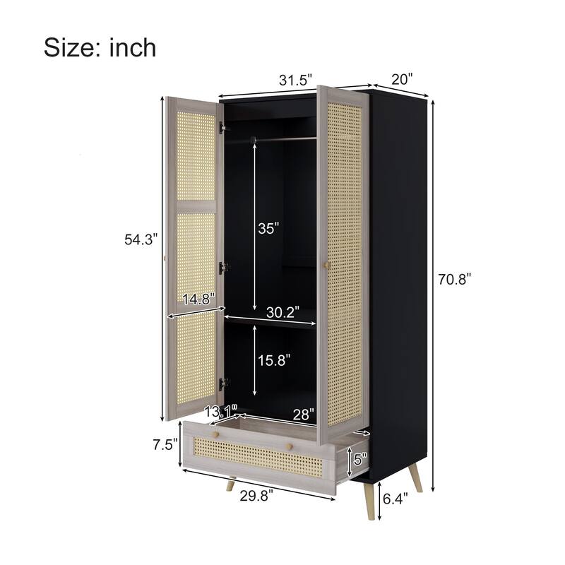 70.8" Tall Wardrobe Closet with Rattan Doors and Drawer, Boho Armoire Cabinet with Hanging Rod for Bedroom Storage