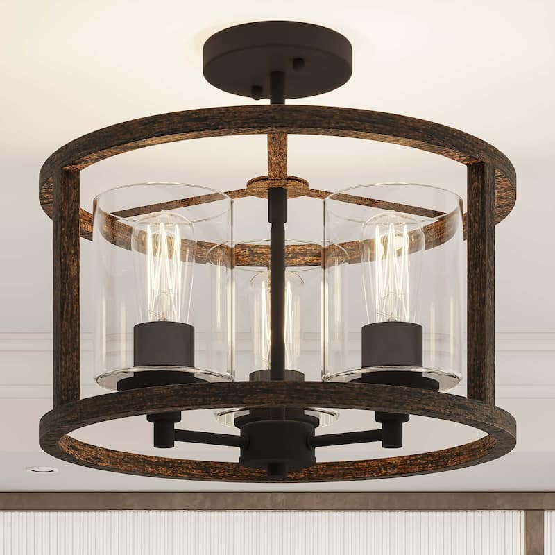 Moulins 3-light Modern Farmhouse Semi-Flush Mount Ceiling Lights with UL Certified - 15'' - Weathered Walnut