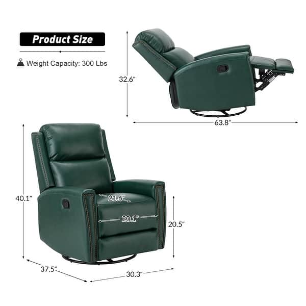 dimension image slide 5 of 12, Fiacro 30.31" Genuine Leather Wingback Swivel Rocker Recliner with Nailhead Trim