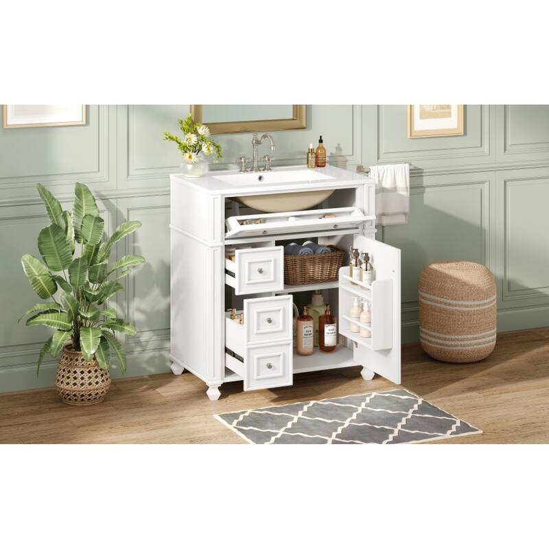 Roomfitters 30 Inch Bathroom Vanity with Ceramic Sink Basin, Soft Close Storage Cabinet & Door Organizer