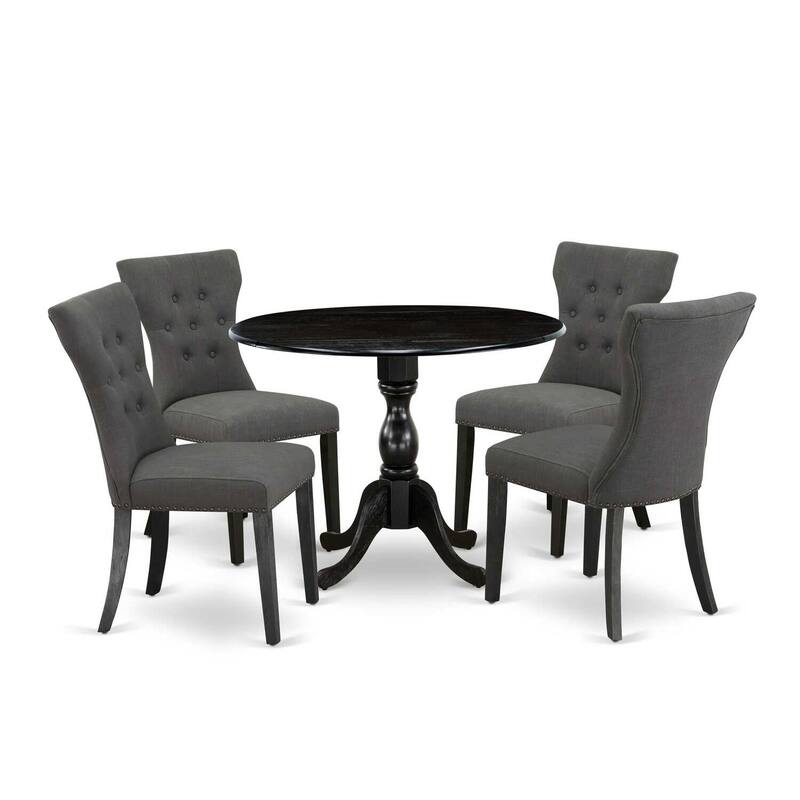 5 Piece Dining Set - Linen Fabric Chairs & Drop Leaf Table - Dark Grey & Black Finish
