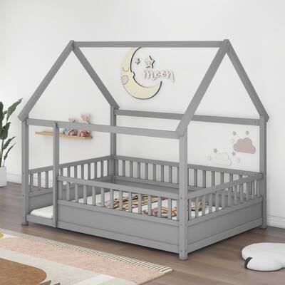 Full Size Floor Wooden Bed with House Roof Frame, Fence and Guardrails