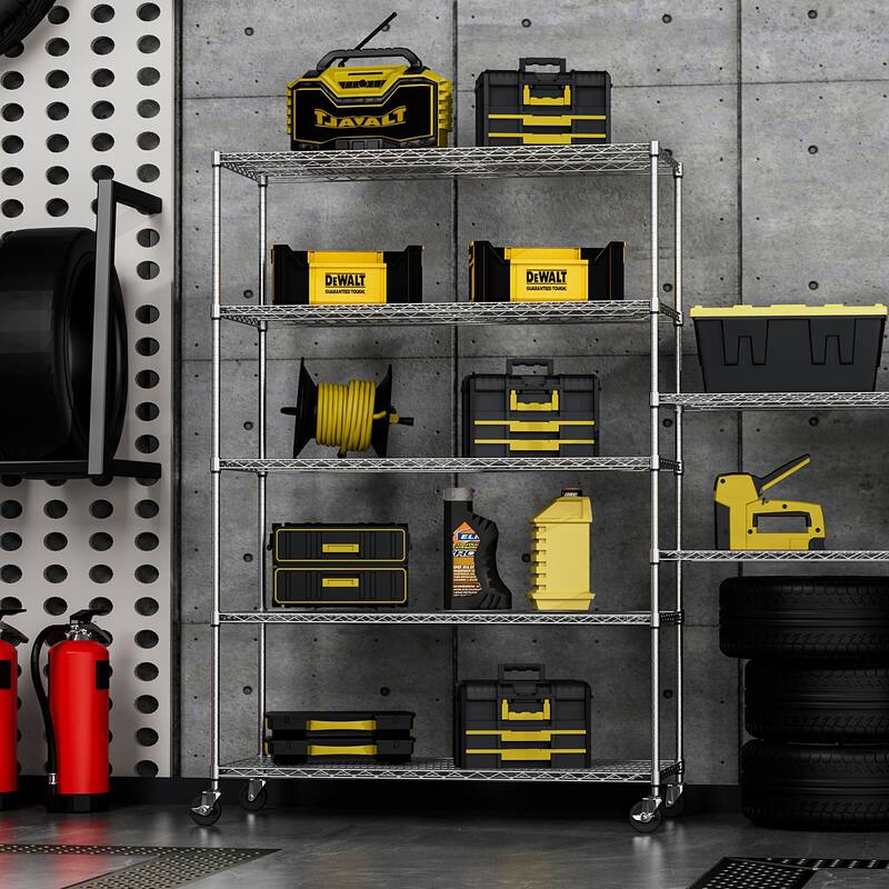 5 Tier 6000lbs Heavy Duty Adjustable Storage Rack Metal Shelf Wire Shelving Unit with Wheels & Shelf Liners,82" H x 48" L x 24"D