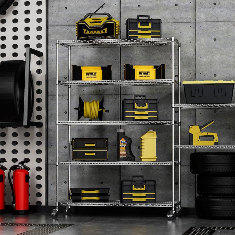Heavy Duty Adjustable Metal Storage Rack with Wheels & Shelf Liners, 5-Tier, High Load Capacity