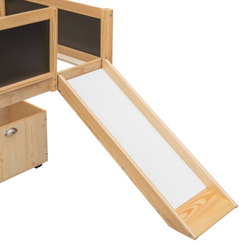 Twin Size Loft Bed with Two Storage Boxes, Climbing Frame, and Chalkboard