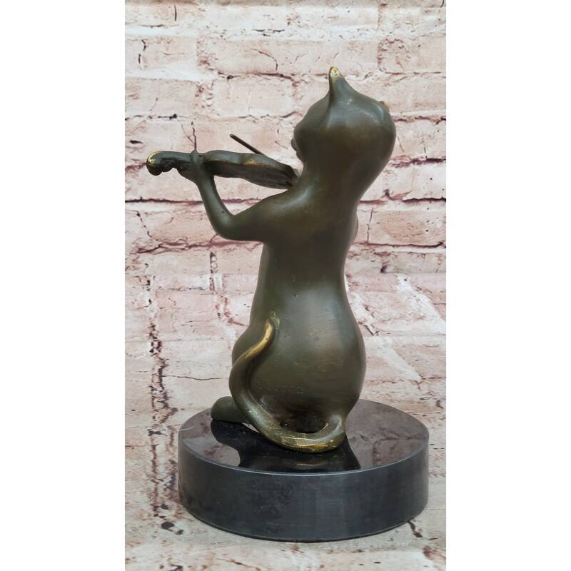 Bronze Cat Playing Violin – Musical Feline Statue On Marble