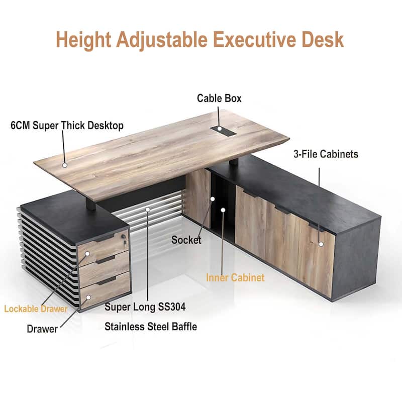 L-Shaped Executive Desk Adjustable Height with Universal Charging Ports Drawers and Cable Management