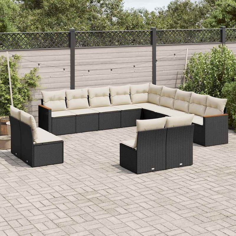 vidaXL Patio Sofa Set with Cushions Outdoor Conversation Furniture Poly Rattan - Black and cream without table - 24.4 x 24.4 x 27.2 in
