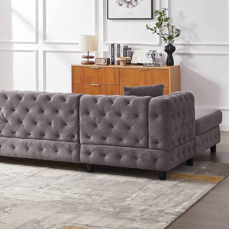U-Shaped Chenille Sofa with Two Chaise Longue Seats and Pillows.