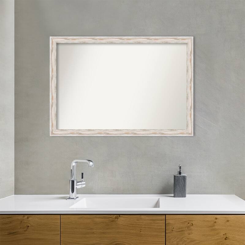 Non-Beveled Wood Bathroom Wall Mirror - Alexandria White Wash Narrow Frame - Alexandria White Wash Narrow