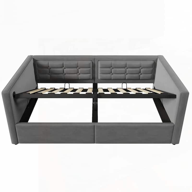 Hydraulic Storage Twin Bed Frame with Wooden Slats and Tufted Sofa Back
