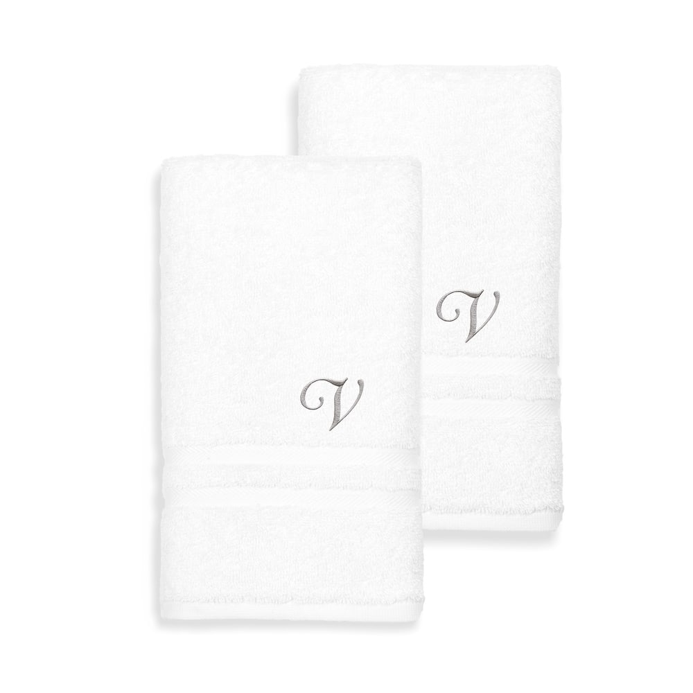 Authentic Hotel and Spa Omni Turkish Cotton Terry Set of 2 White Hand Towels with Grey Script Monogrammed Initial