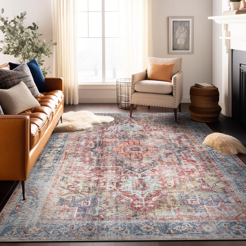 Traditional Distressed Machine Washable Area Rug Perfect for Living Room, Entryway, or Bedroom