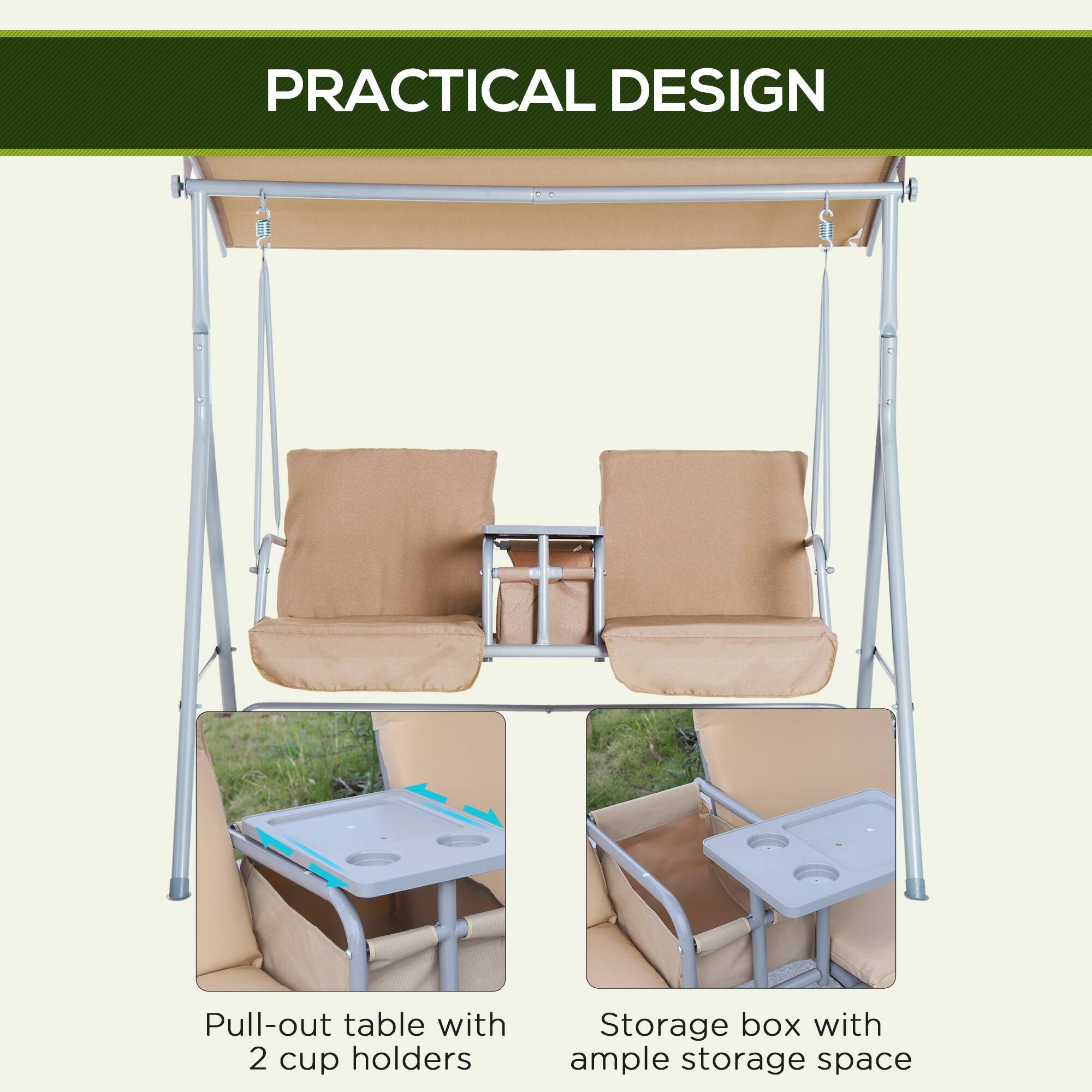 2 Person Patio Swing with Canopy,Cushions,Pivot Storage Table,2 Cup