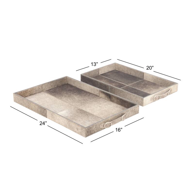 Gray Wooden Handmade Cowhide Living Room Decor Tray with Slot Handles (Set of 2) - 24 x 16 x 2