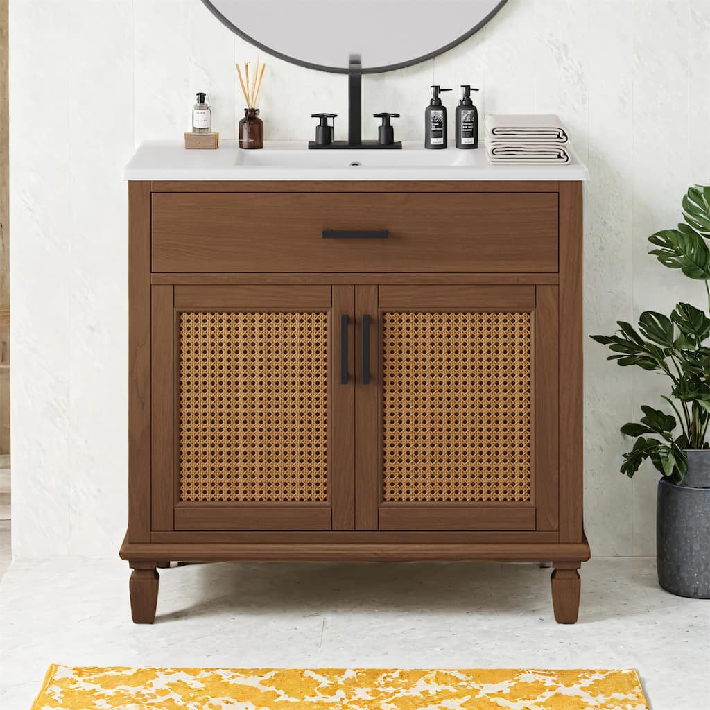 36" Rattan Bathroom Vanity with Ceramic Sink