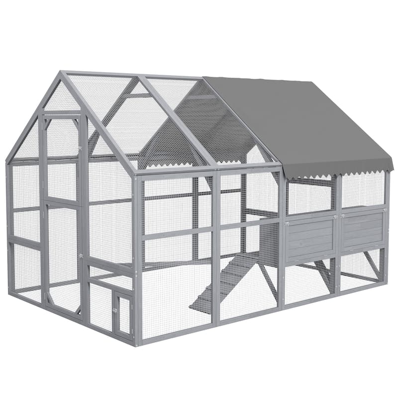 Gray Large Chicken Coop for 8-12 Chickens - Water-Resistant, Anti-UV Cover & Nesting Box