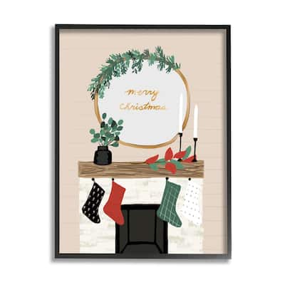 Stupell Merry Christmas Festive Holiday Fireplace Mantle Framed Wall Art - Beige