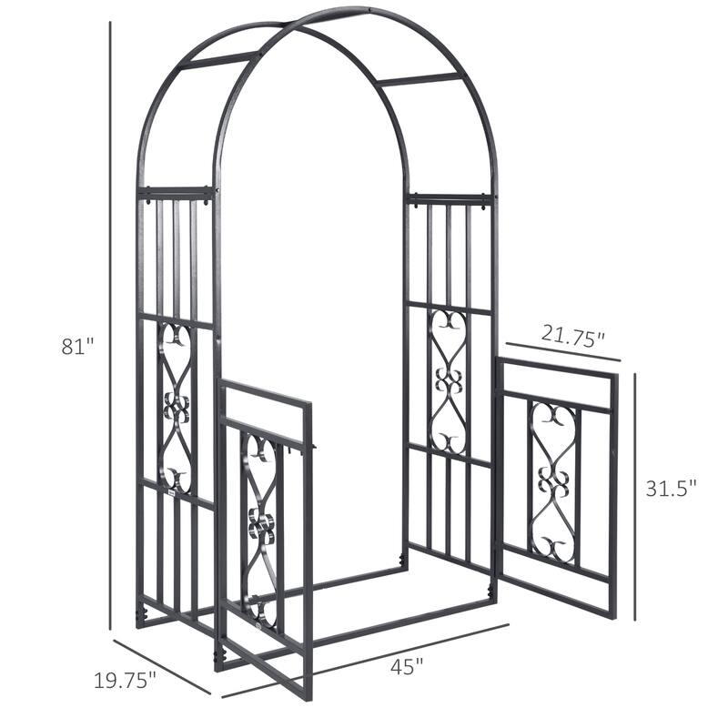 81" Metal Garden Arbor with Double Doors, Locking Gate, Climbing Vine Frame with Heart Motifs, Arch for Wedding