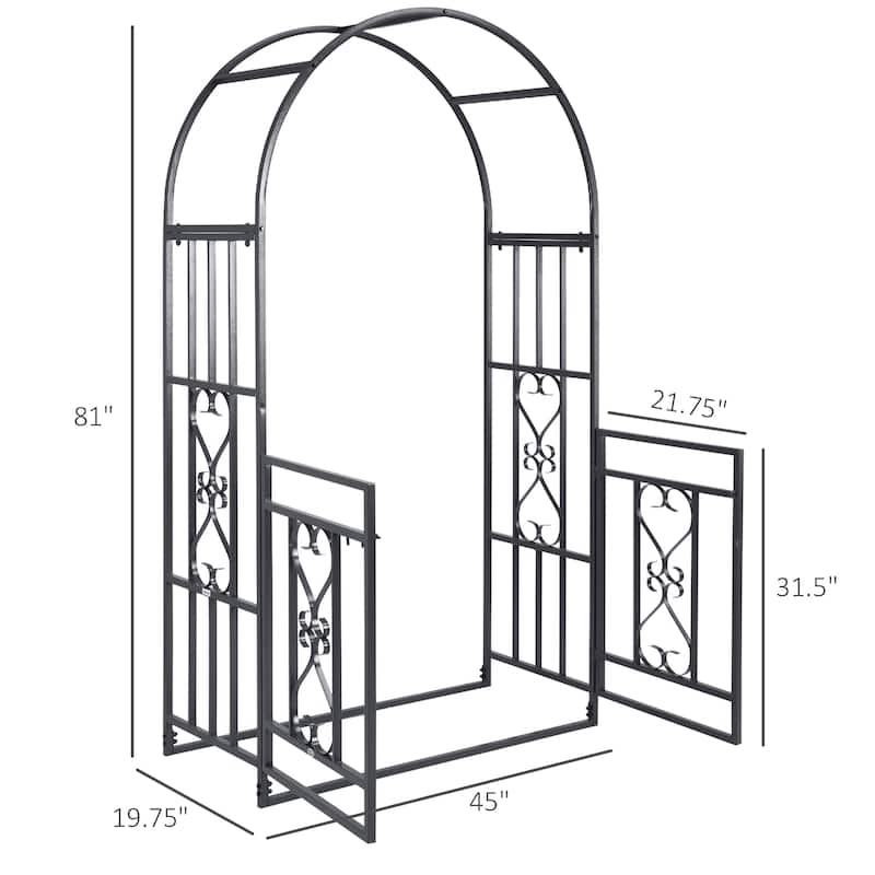81"Metal Garden Arbor with Double Doors, Locking Gate, Climbing Vine Frame with Heart Motifs,Grey