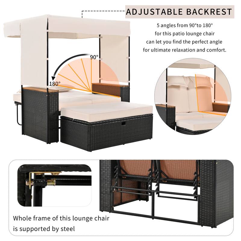 2-Piece Outdoor Rattan Daybed Set with Adjustable Canopy and Cushions, 5 Reclining Positions and Hidden Storage Bench