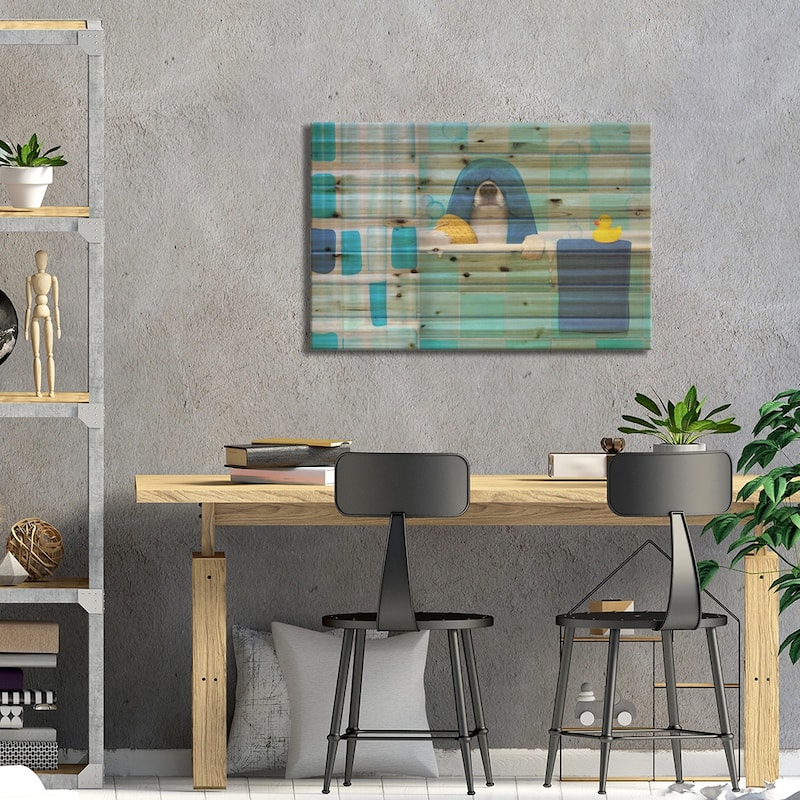 Dog In Shower I Print On Wood by damedeeso - Multi-Color
