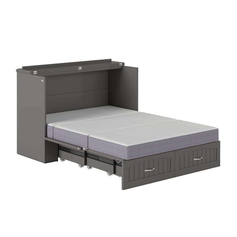 Murphy Bed Chest Full Size - Memory Foam Mattress & USB Charging - Grey Compact Space Saver