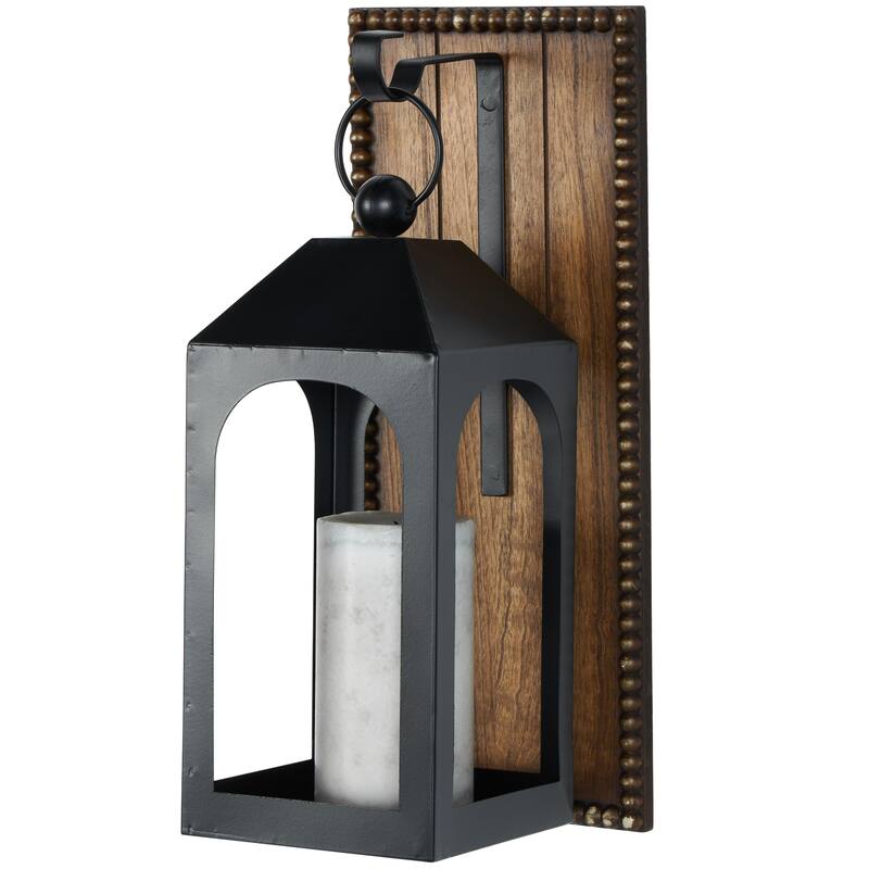 Metal Suspended Arched Cutout Wall Sconce with Brown Wood Backing and Beaded Edge - Black - Roche River Decor - Black - 6"W, 16"H