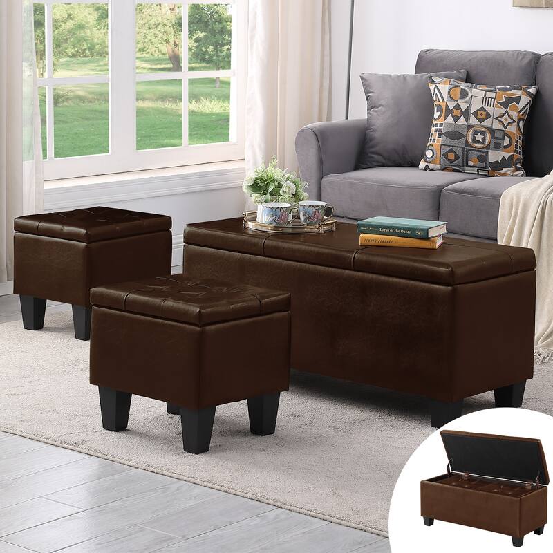 Large Storage Ottoman Bench Set, 3 in 1 Combination Ottoman, Tufted Ottoman Linen Bench for Living Room, Entryway, Hallway - Brown