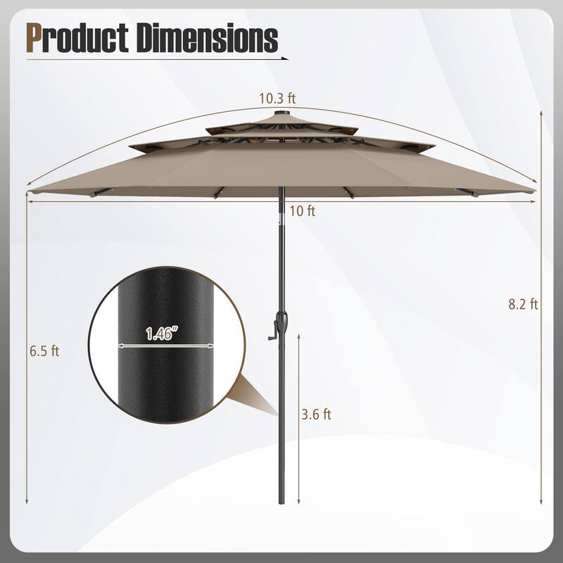Gymax 10 FT Solar Patio Umbrella w/ 32 LED Lights 3-Tier Vented Top