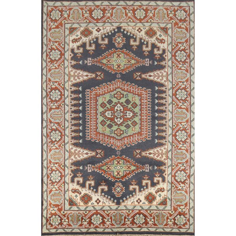 Blue Geometric Viss Indian Area Rug Hand-Knotted Wool Carpet - 6'0" x 8'9"