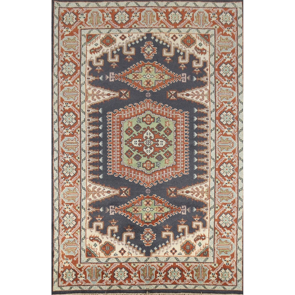 Blue Geometric Viss Indian Area Rug Hand-Knotted Wool Carpet - 6'0" x 8'9"