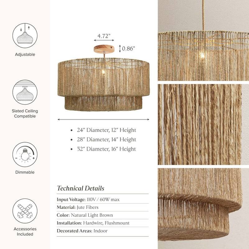 Luminous Lace Flush Mount - Jute Fibers Natural Handwoven Ceiling Light for Kitchen Island or Dining Room in Modern, Boho Style
