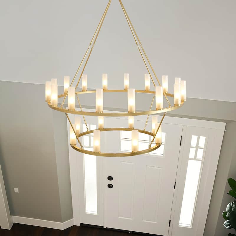 24 - Light 2 - Tier Gold Wagon Wheel Chandelier, 48.6" Wide, Frosted Glass Shades - Brushed Brass