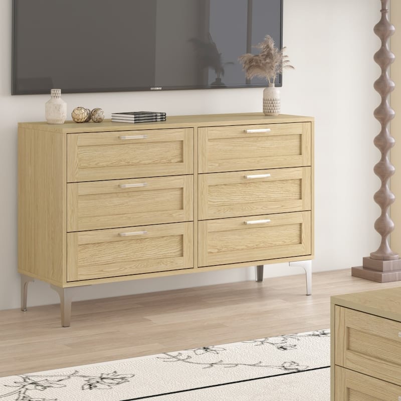 47.2" Modern Wood 6 Drawer Dresser with Polished Silver Legs - Light Oak