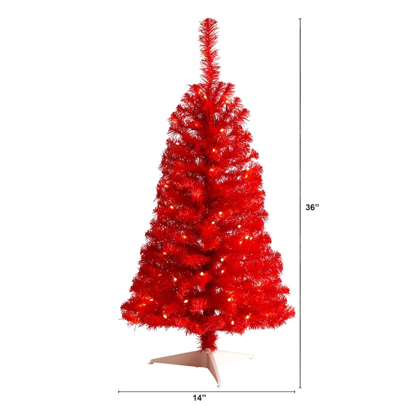 3ft. Red Artificial Christmas Tree with 50 LED Lights & 118 Branches - Bold Festive Holiday X-Mas Accent
