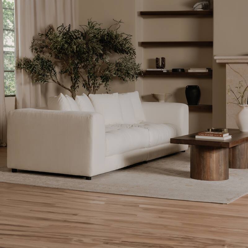 NADAAL STUDIOS Lioraelle Sofa, Soft Velvet Upholstery with Tufted Bench Seat and Six Back Cushions, Warm White