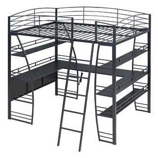 Black Metal Loft Beds Frame with Desk, Storage Shelves Bookcase and USB Ports, Outlet and Wireless Charging for Kids Boys Girls