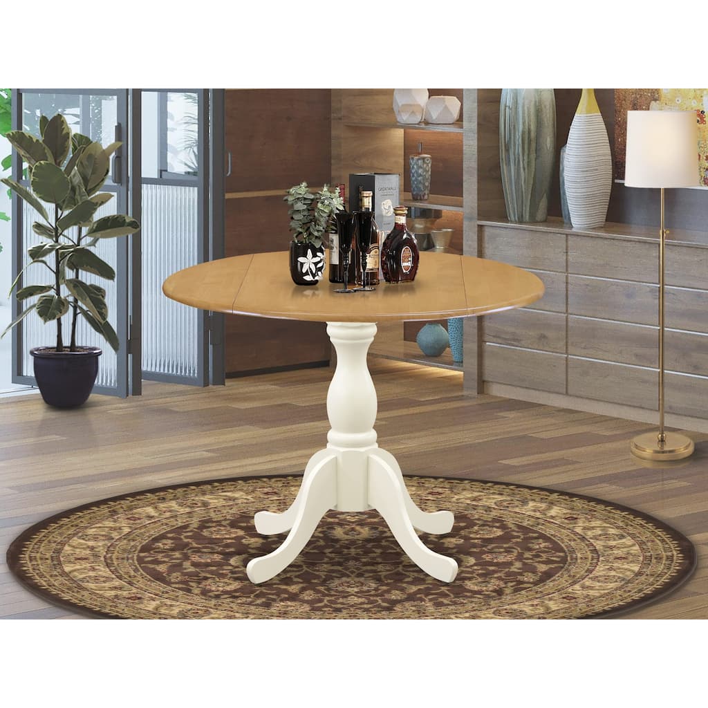 East West Furniture Dublin Kitchen Table - a Round Dining Table Top with Dropleaf & Pedestal Base, Oak & Linen White