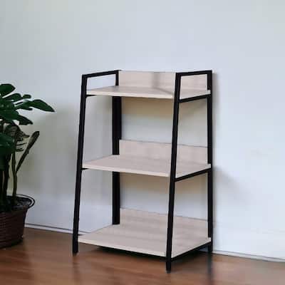 HomeRoots 37" Natural and Black Metal Three Tier Ladder Bookcase